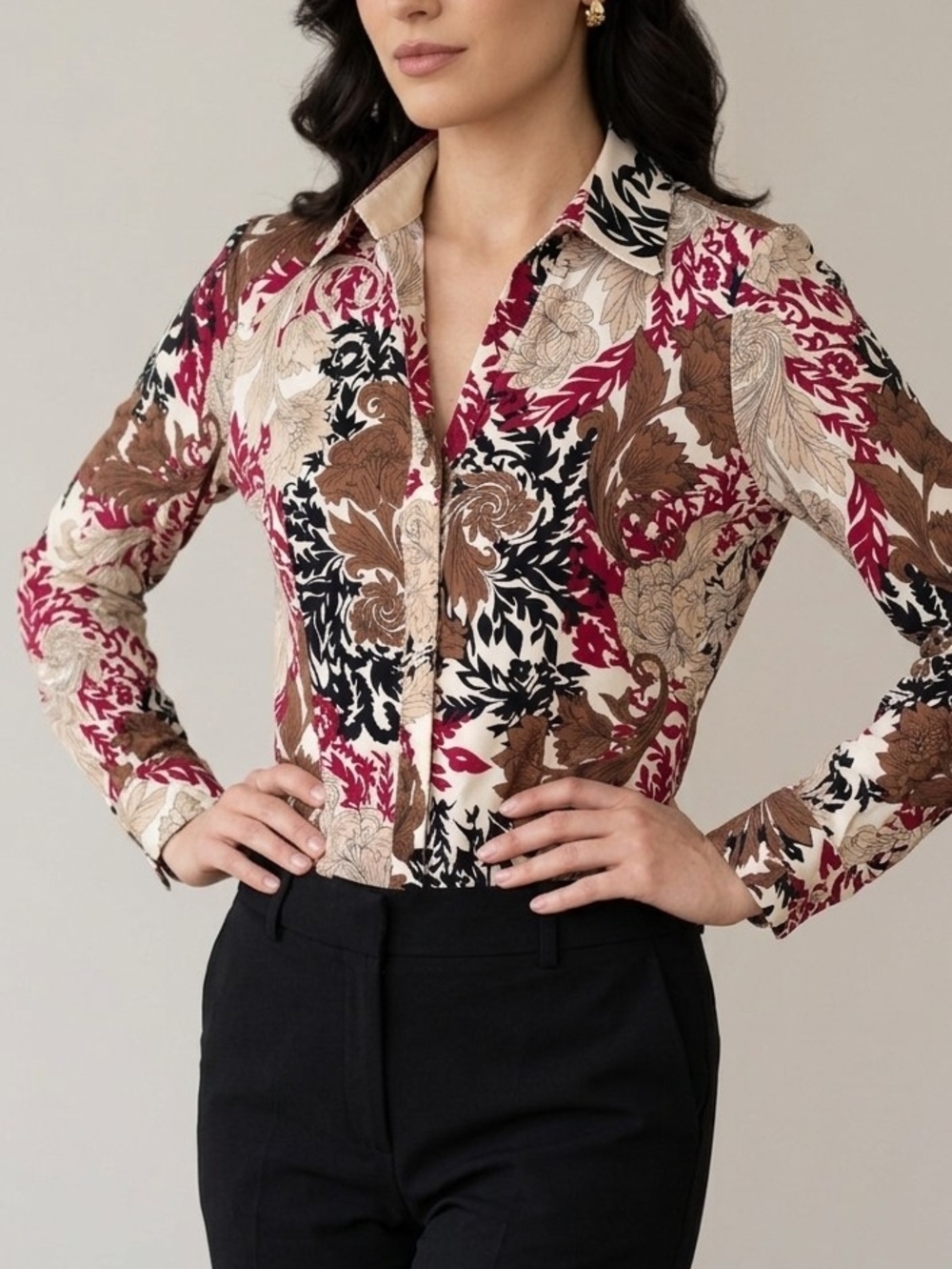 Investments Women’s Floral Button-Up Shirt in Burgundy/ Brown/Cream Sz 10